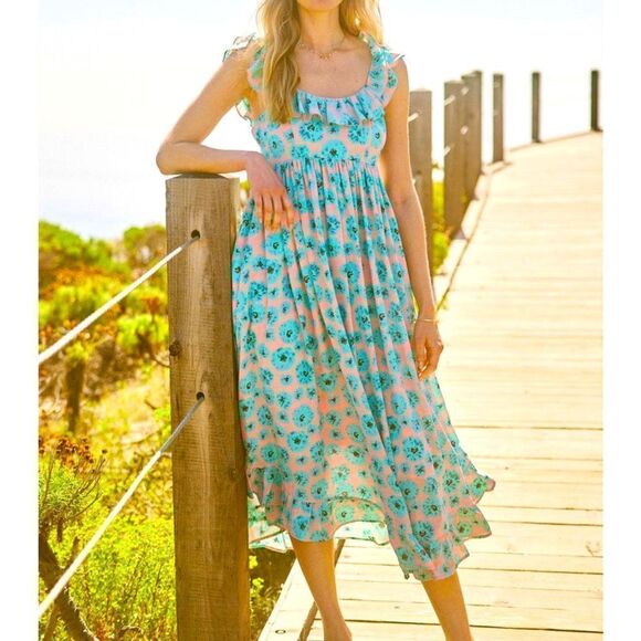 Entro Summer Blooms Boho Floral Ruffle Midi Dress pink Blue Open Back M - Picture 1 of 8